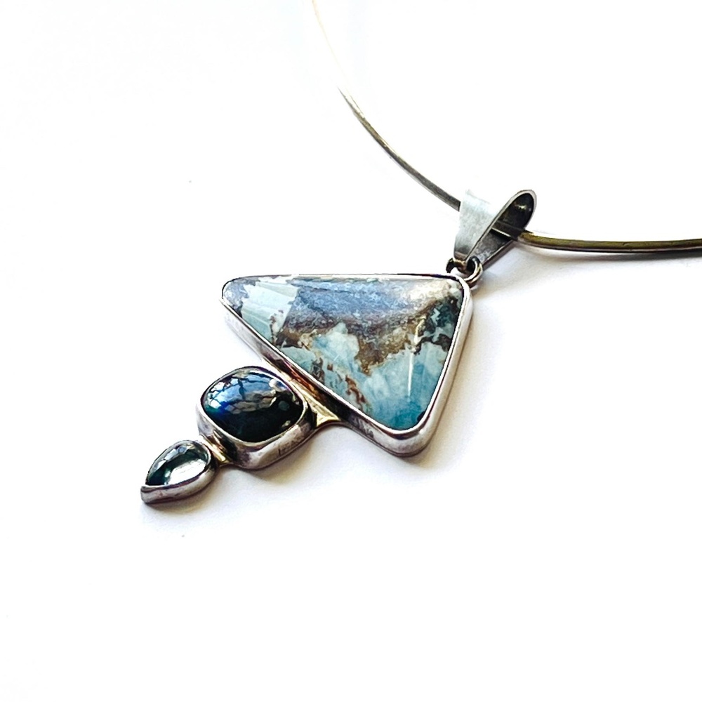 Large Turquoise Pendant Necklace, Labradorite and Blue Topaz Cabochons